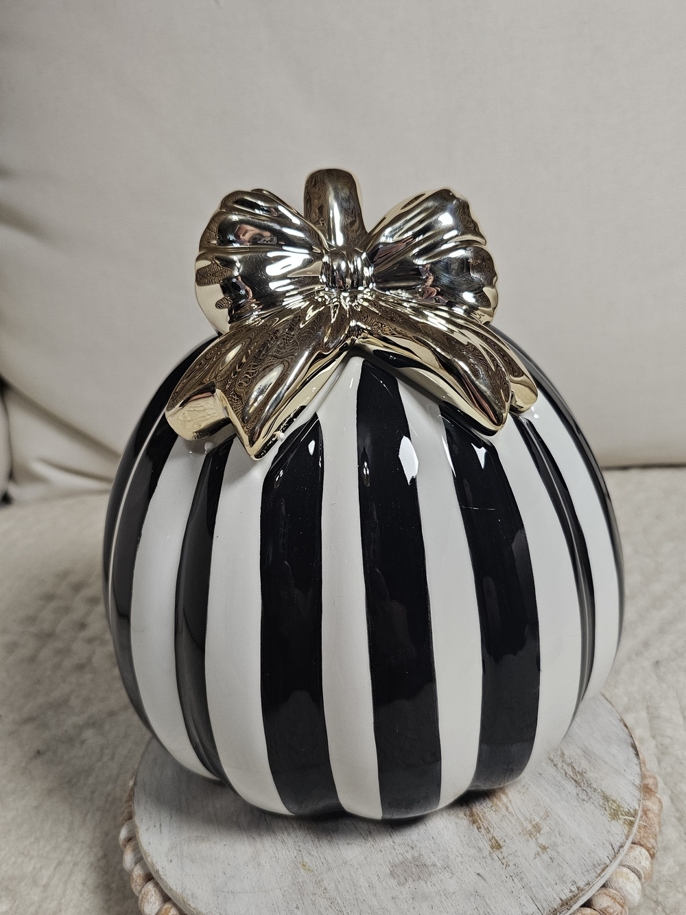 Black and White Striped Decorative Pumpkin with Gold Bow 8"